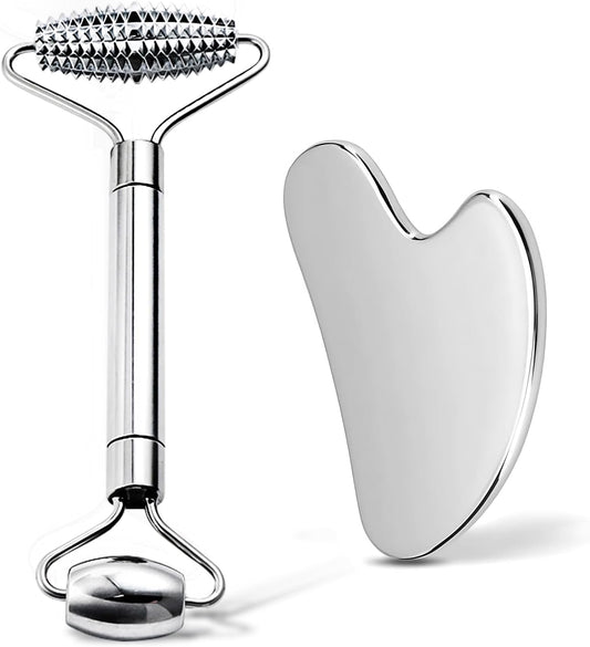 Gua Sha Facial Tools and Face Roller Set, Lymphatic Drainage Massager，Stainless Steel Facial Sculpting Eyes Roller Guasha for Face, Chin & Jawline Sculpting,Skin Care
