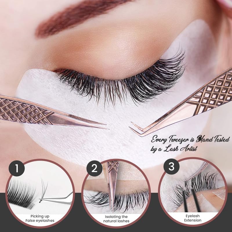 5 Pcs Fiber-Tip Japanese Steel Lash Tweezer Set with Leather Case, Professional Eyelash Tweezers for Lash Extensions – Titanium Coated, 90 & 45 Angled, Precision Pointed Tweezers (METALIC-ROSE)