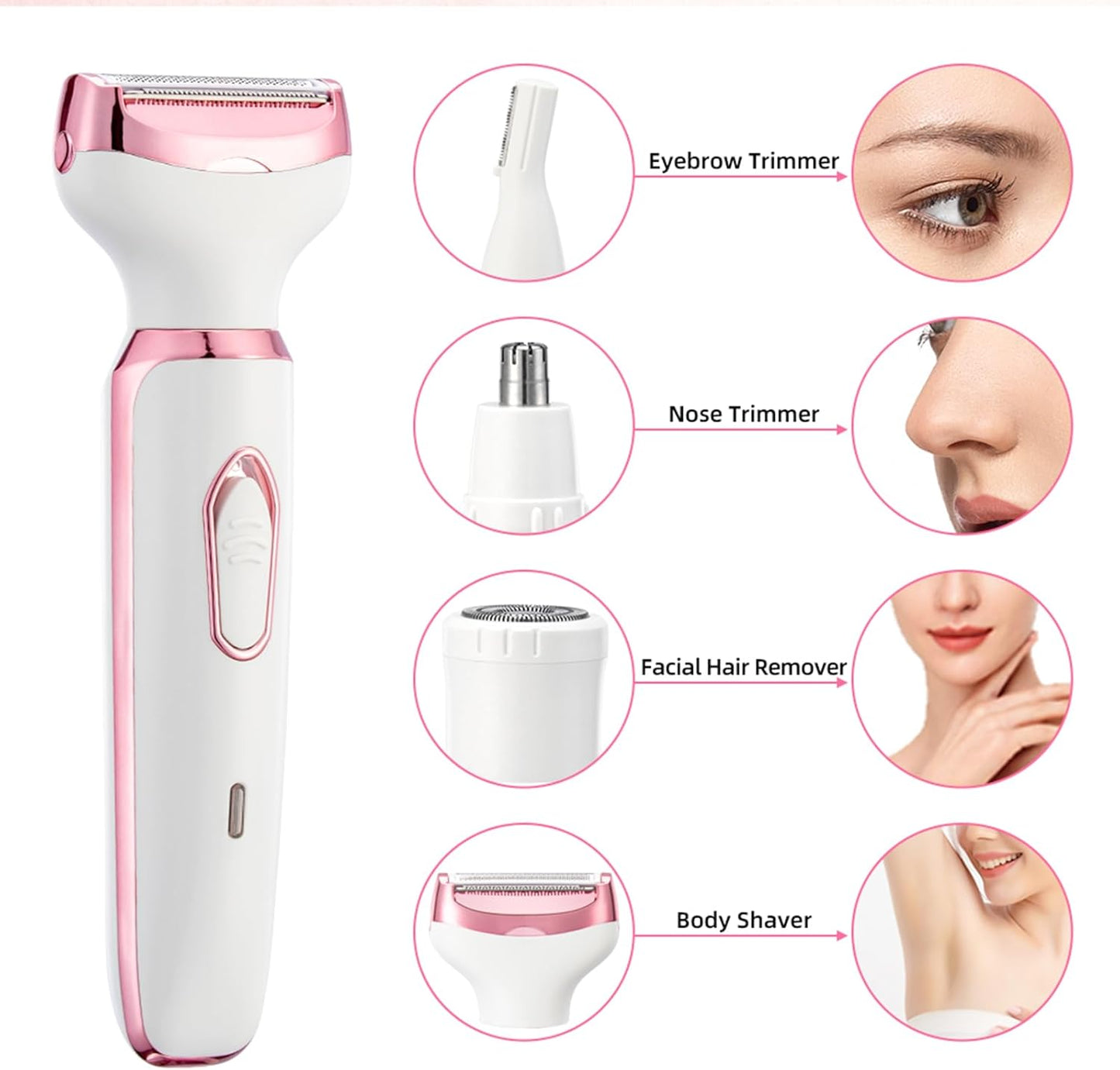 4-in-1 Electric Razor for Women - Rechargeable Painless Body & Facial Hair Remover, Bikini Trimmer for Legs, Underarm & Face, Portable Women's Shaver Set with Smooth Glide Technology
