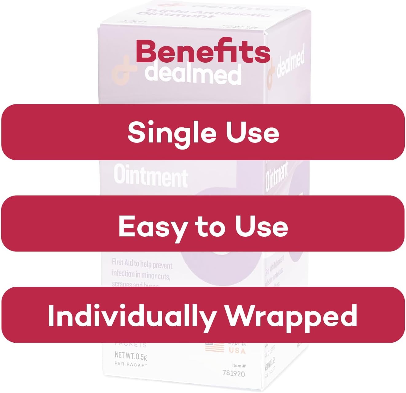Dealmed Triple Antibiotic Ointment – Made in The USA, Single-Use Packets for Instant Relief from Cuts, Scrapes and Burns, 144 Packets/Box (.5g) - Pack of 1
