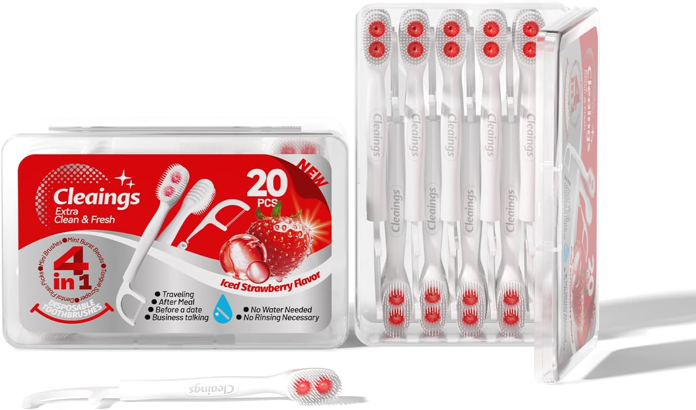 cleaings® Disposable Toothbrushes with Toothpaste - 4-in-1 Mini Travel Toothbrushes, Built-in Tongue Scraper, Floss & Picks for On-The-Go, Camping, Work (Strawberry)