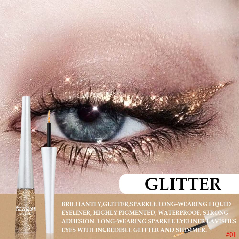 evpct 2Pcs Gold Champagne Gold Color Liquid Glitter Eyeliner Sets Eyeliner Glitter Liquid Liners for Women Liquid Sparkly Glitter Eyeliner delineador con glitter de colores para ojos colores 01+14
