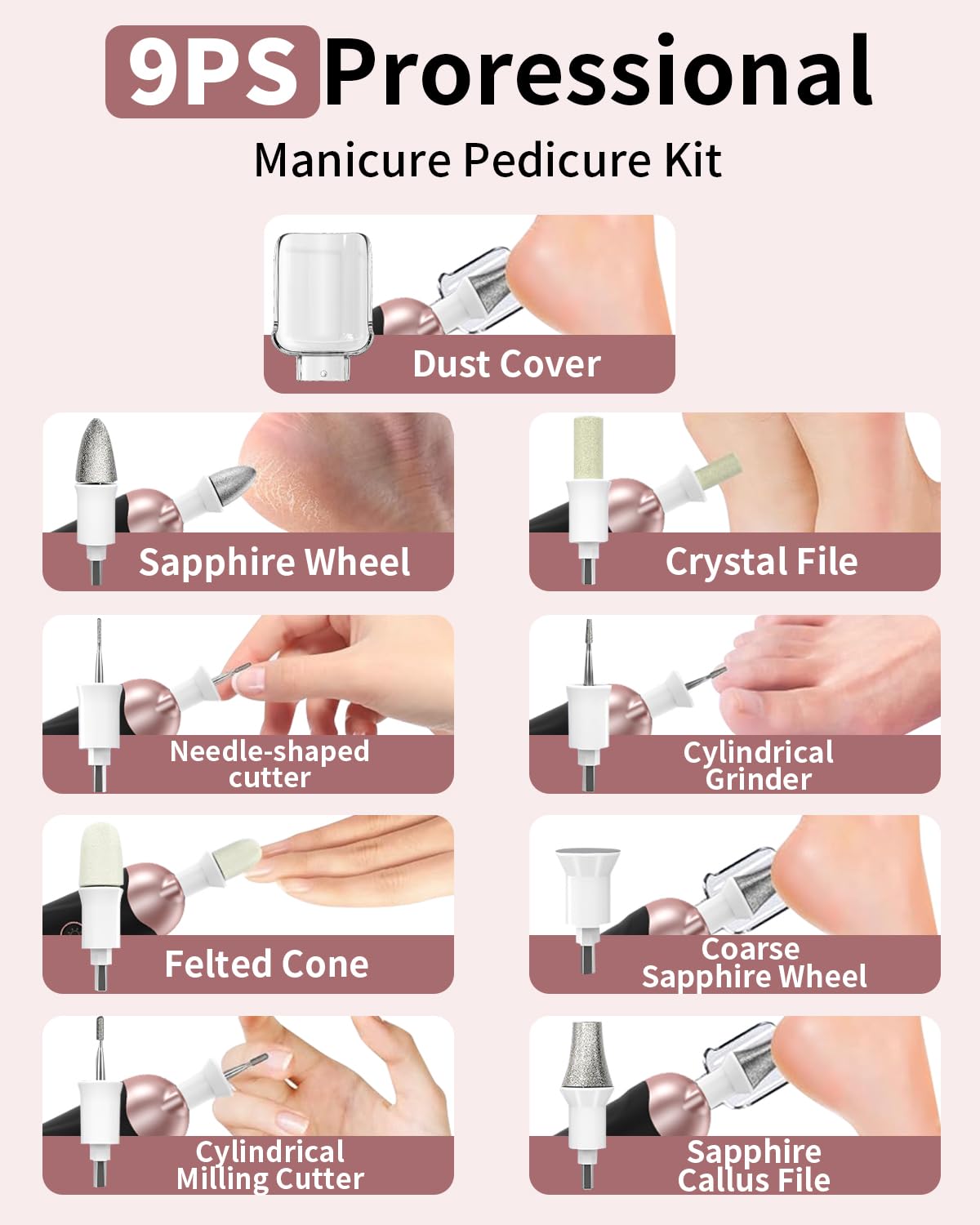 Professional Manicure Pedicure Kit, Cordless Electric Nail File Set, Rechargeable Pedicure Tools for feet, 5 Speeds Hand Foot Care Nail Drill for Thick Nail Toenail Cuticle Women Men Baby Pets