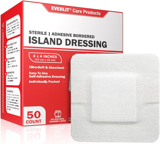 EVERLIT Island Dressing Bordered Gauze | Large Wound Care Bandage with Adhesive Border| Sterile, Soft & Highly Absorbent Medical Grade Dressing Pad (4x4 Inch (Pack of 50))