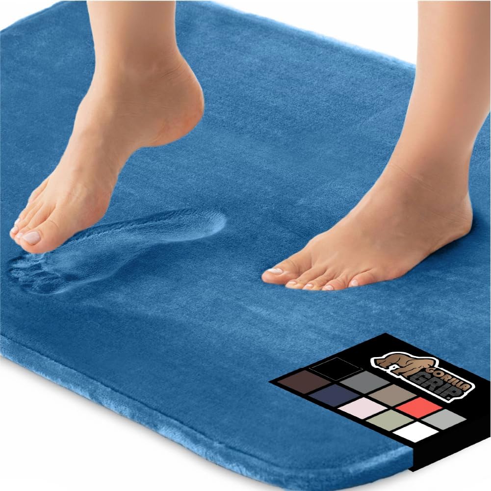 GORILLA GRIP Memory Foam Bath Rugs, Soft Absorbent Velvet Bathroom Mats, Durable Dots on Underside, Machine Washable Bathmat, Carpet Rug Room Decor for Shower Floor, 24x17 Mat, Caribbean Blue