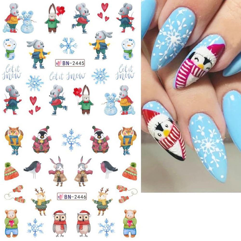 Snowflake Nail Art Stickers Decals Christmas Decorations - 12 Sheets Winter Snowman Elk Penguin Bear Design Water Transfer Slider Foils Supplies for Women DIY Acrylic