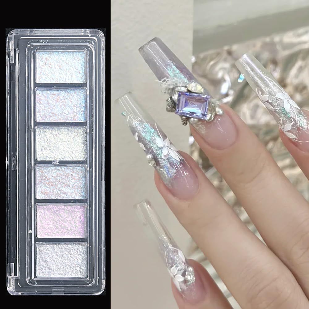 6 Colors Solid Opal Aurora Nail Powder Set, Iridescent Aurora Pigment Holographic Chameleon Sparkly Flakes Glitter Dust Kit for Gel Polish Nail Art Decorations…