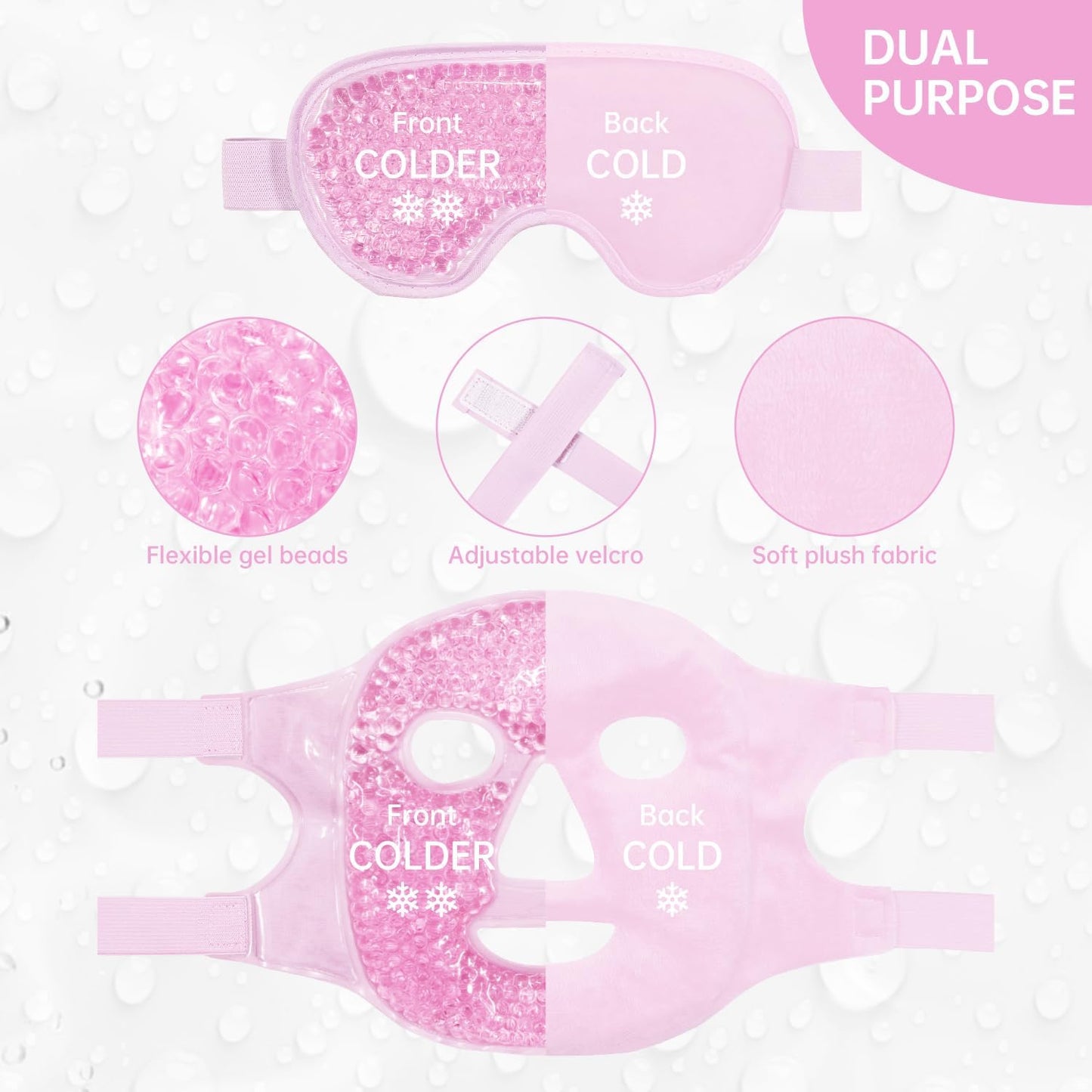 Face Eye Mask Ice Pack for Reducing Puffiness, Bags Under Eyes, Puffy Dark Circles, Migraine,Hot/Cold Pack with Soft Plush Backing (Pink-(1*Eye Mask+1*Face Mask))