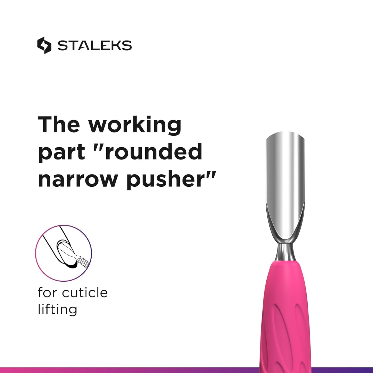 Staleks Manicure pusher Gummy with silicone handle UNIQ 10 TYPE 5 – Stainless Steel – Professional Cuticle Tool (rounded narrow pusher and straight blade)