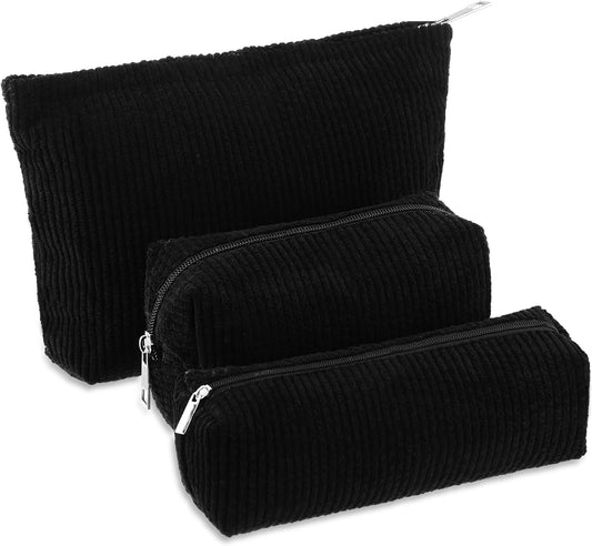 3 Pcs Makeup Bag Set for Women Corduroy Cosmetic Pouch Aesthetic Smile Travel Toiletry Bag Cute Purse Pouch Pencil Case Makeup Brushes Storage Organizer for Christmas(Black,Solid Style)