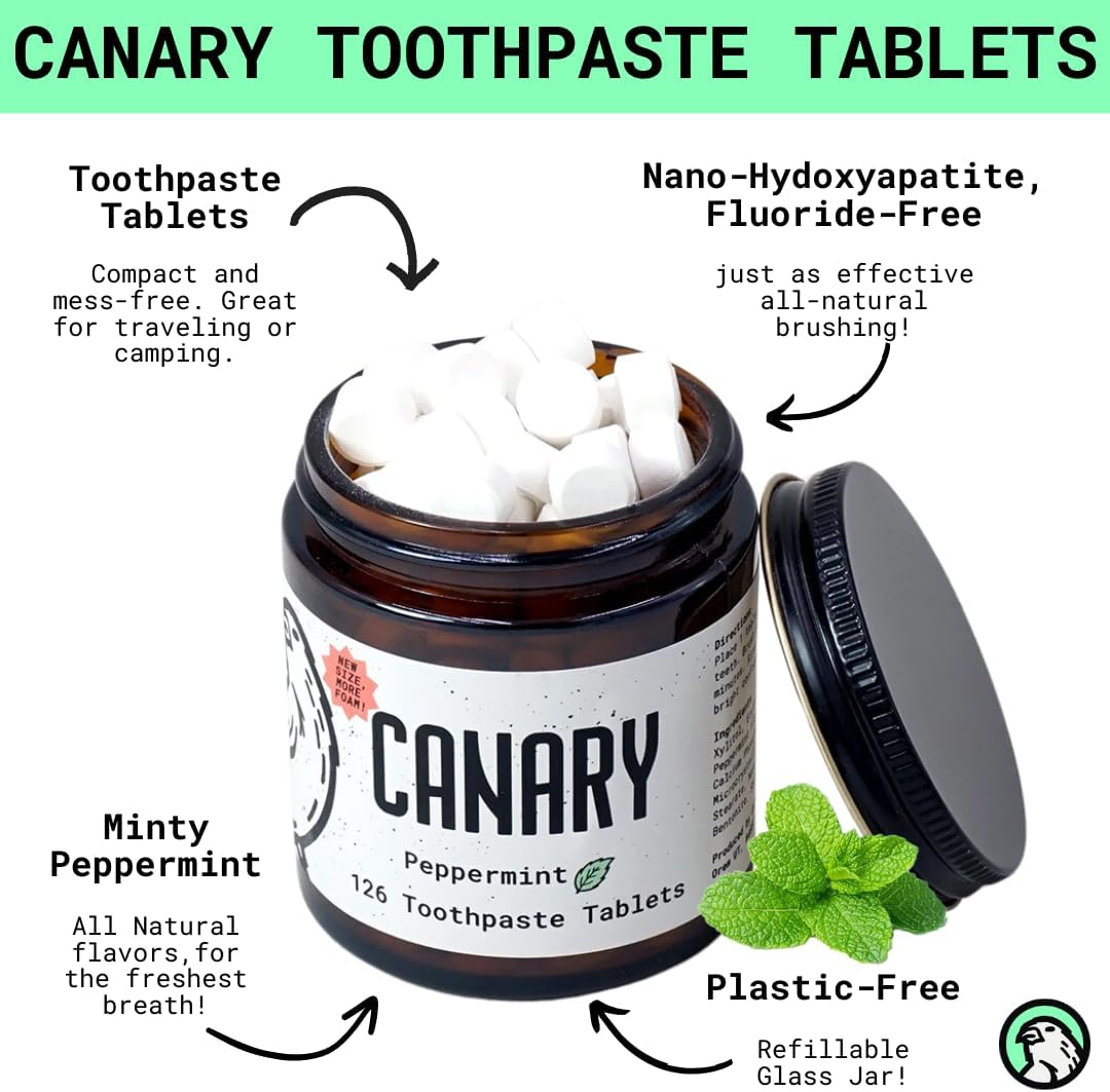 Canary Nano Hydroxyapatite Toothpaste Tablets Coconut Mint - Remineralizing, Fluoride Free, All Natural Tabs with Xylitol - Great for Travel, Plastic Free - 126 Count Jar