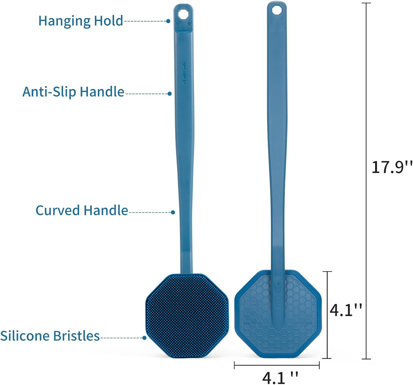 iTokGoK® All New Premium Silver-Infused Silicone Back Scrubber with Long Handle Back Brush for Shower,Back Brush Long Handle for Men and Women,Ergonomic No-Slip Handle, Long-Lasting (Blue)