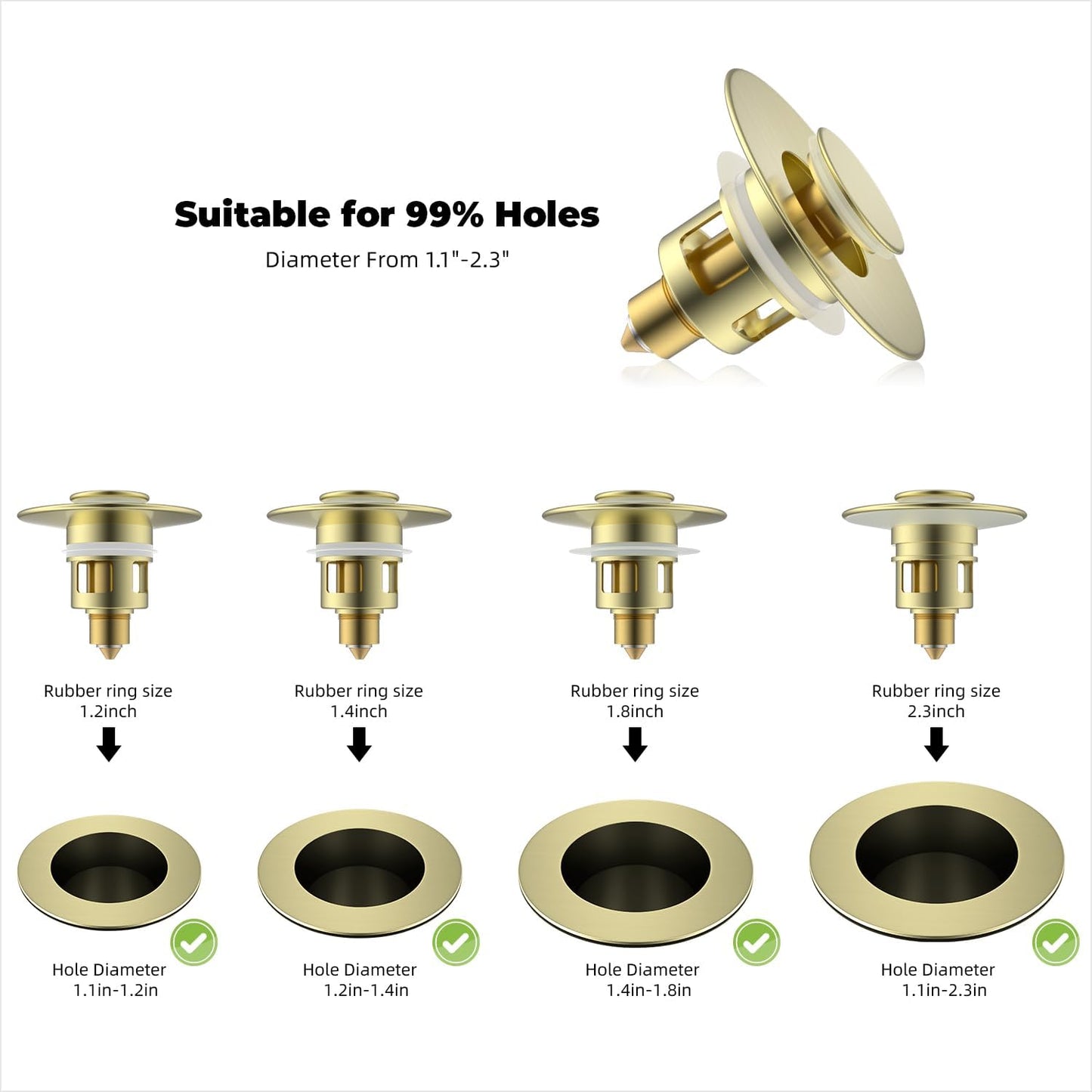 Hibbent All Metal Universal Bathroom Sink Stopper for 1.1''~2.3'' Basin, Pop Up Sink Drain Strainer, Brass Bullet Core Push Type Stopper, Stainless Steel Anti Clogging Drain Filter, Brushed Gold