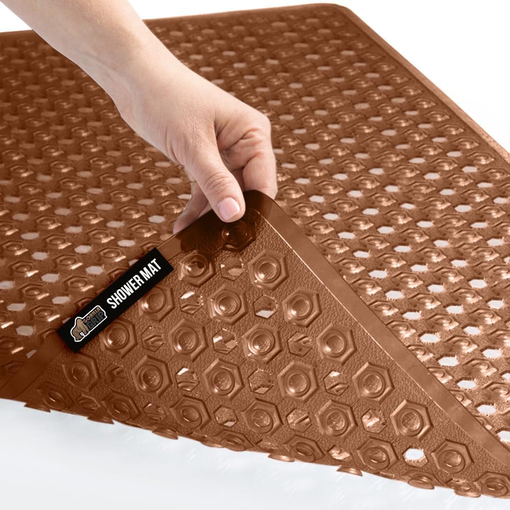 GORILLA GRIP Patented Bath Tub Shower Mat, Machine Washable Bathtub Floor Liner Mats, Suction Cups and Drain Holes to Keep Tubs Clean, Soft on Feet, Bathroom Essentials, 35x16 Inch, Brown