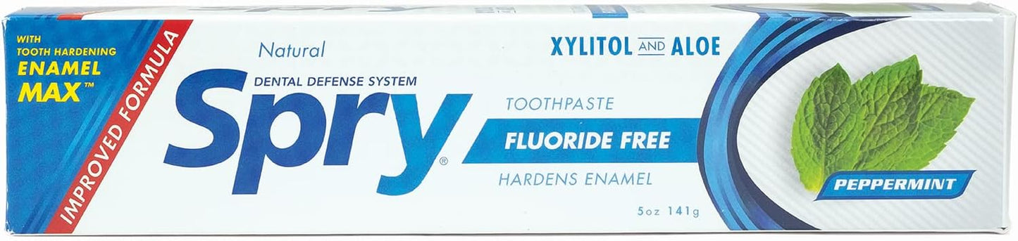 Spry Natural Xylitol Toothpaste 5oz for Adults and Kids - Fluoride Free, Gentle for Sensitive Teeth Whitening and Remineralizing, Breath Freshening, Mouth Moisturizing, Peppermint (Pack of 1)