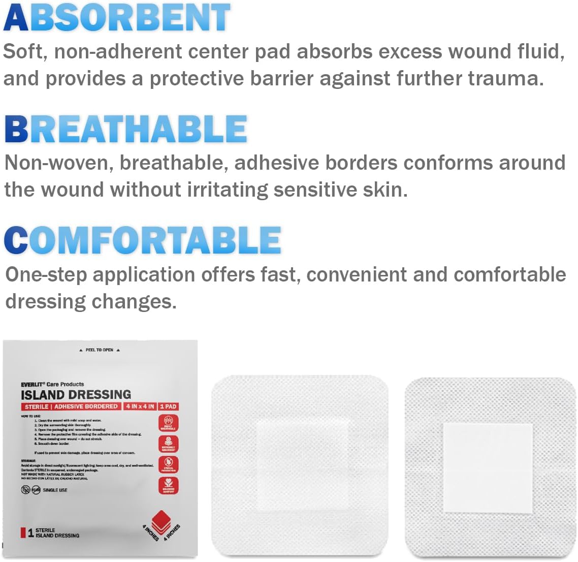 EVERLIT Island Dressing Bordered Gauze | Large Wound Care Bandage with Adhesive Border| Sterile, Soft & Highly Absorbent Medical Grade Dressing Pad (4x4 Inch (Pack of 50))