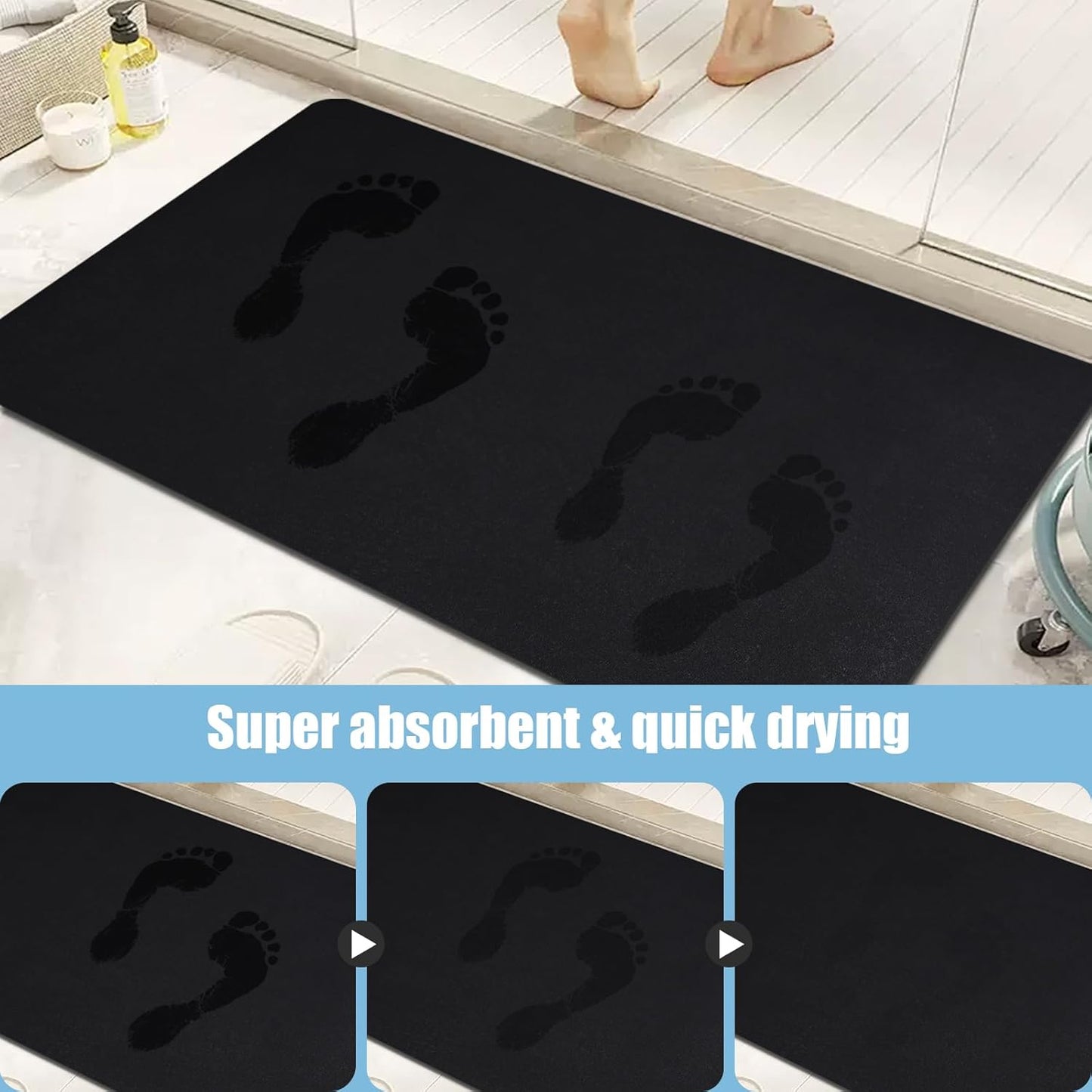 Diatomaceous Earth Bath mat Bathroom Rugs Super Absorbent Quick Dry Non Slip Bath Mat Thin Bathroom Floor Mats Fit Under Door-Shower Rug for in Front of Bathtub Shower, Black, 15.7"x35.4"