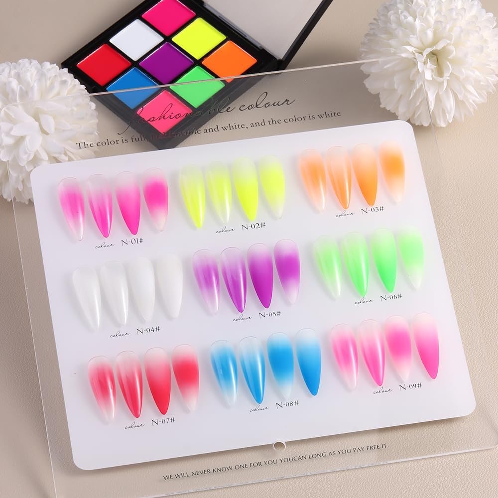 Neon Phosphor Nail Pigment Powder Palette, 9 Colors Solid Pigment Powder for Nails, Fluorescent Glitter Aura Nails Rubbing Dust with Ombre Nail Brush & Sponge Sticks Manicure Art DIY Accessories