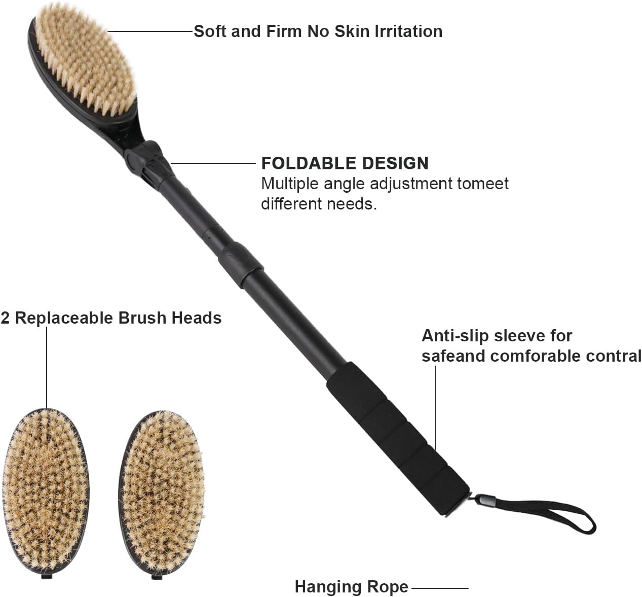 EASACE 3.0 Back Scrubber Brush for Shower, Soft and Stiff Bristles, Adjustable Head, Long Handle, Replacement Brush Head