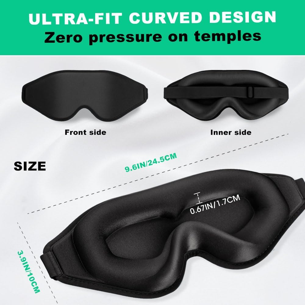 3D Sleep Mask for Side Sleepers, Blackout & Zero Pressure - Breathable Memory Foam, Lash Extensions Friendly - Adjustable for Travel, Yoga & Deep Sleep Black
