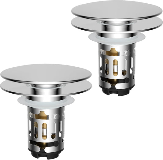 Hibbent 2 Pack Upgraded 3 in 1 Bathroom Sink Drain Strainer, Pop Up Sink Stopper with Big Push Cap, Anti-Clogging Metal Filter Basket,Sink Plug with Hair Catcher for 1.1''~2.36'' Basin, Chrome