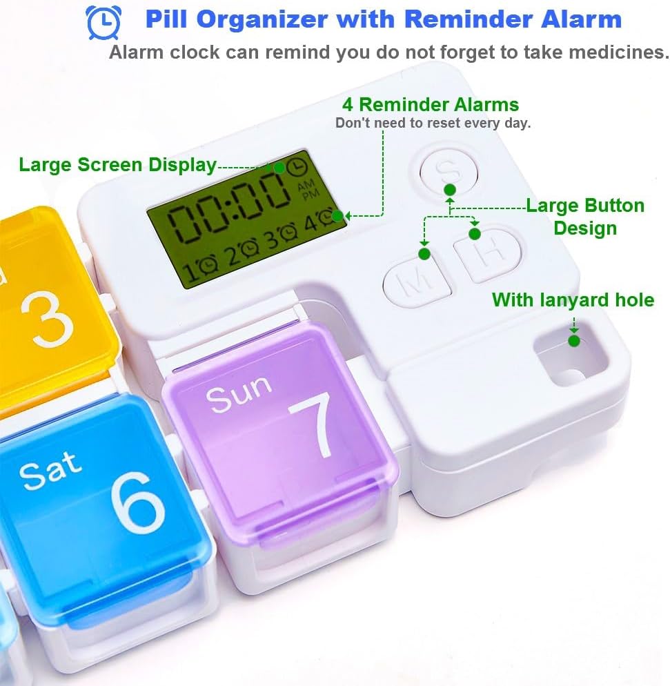 7 Day Medicine Pill Organizer, 4 Reminder Alarms, Loud Sound, 7 Large Compartments, Large Screen, Moisture-Proof, Dust-Proof, Travel Weekly/Daily Pill Box/Organizer/Case/Container/Dispenser, TBSoon