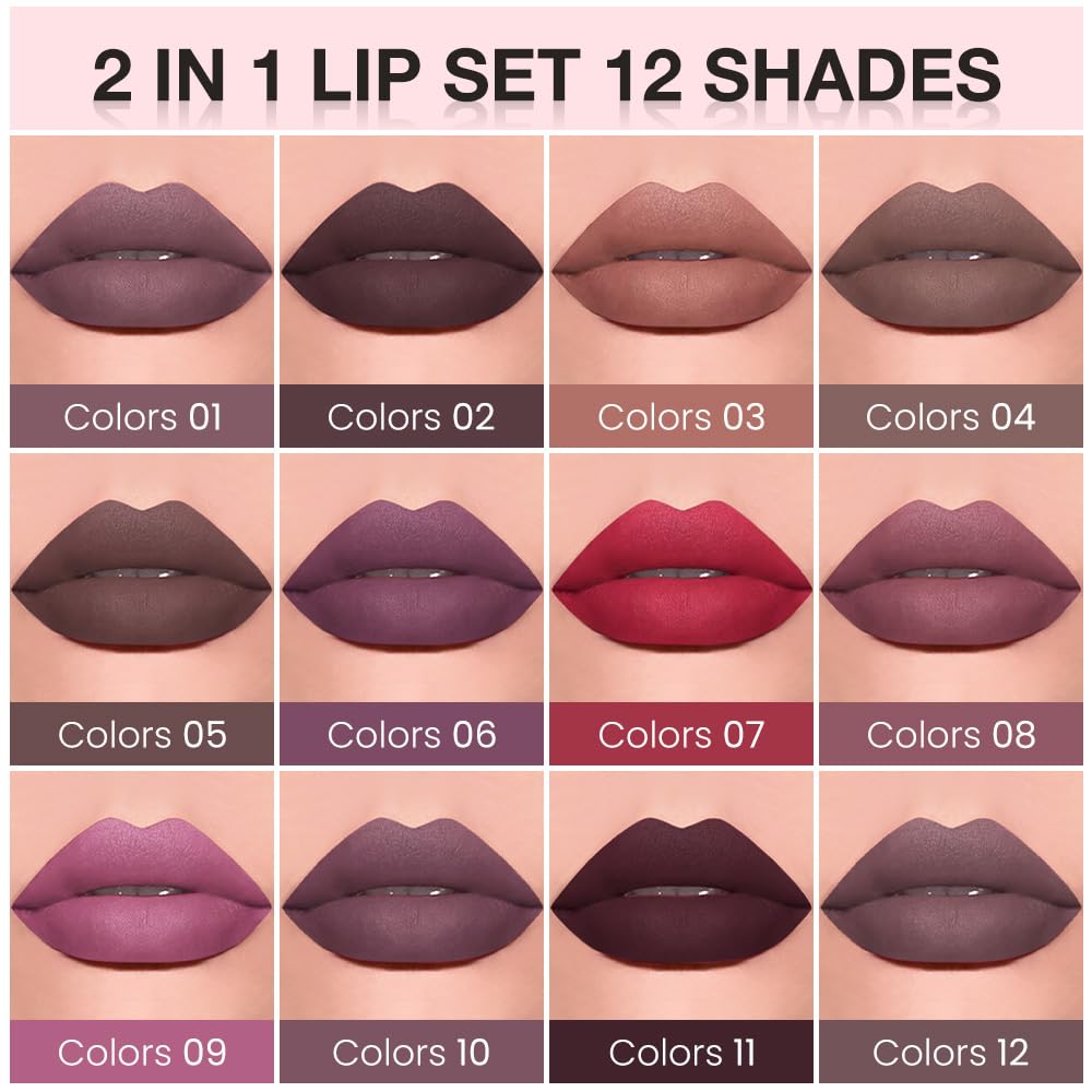 evpct Retractable 1Pcs Lip Liner Pencils and 1 Pcs Lip Gloss Makeup Set for Shaping & Sculpting Lips, Plum Long-Lasting Waterproof Longwear Matte Rich Lip Colors Liner Crayon Liquid Lipstick 11#