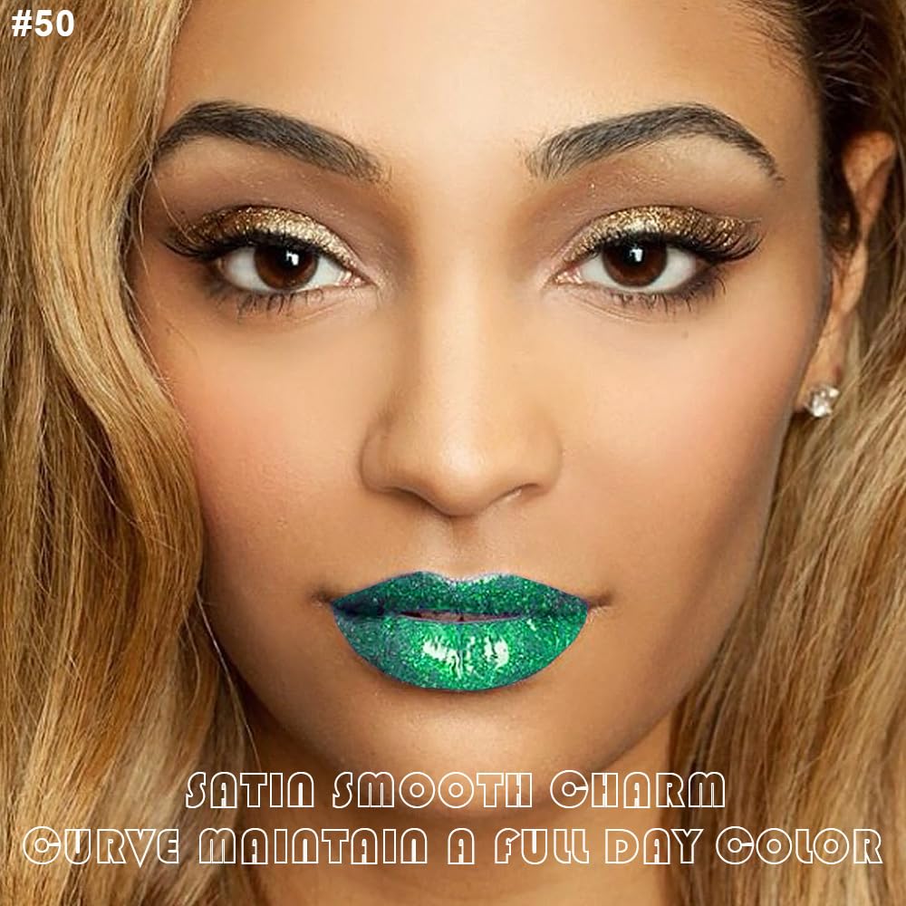 evpct 2Pcs Green Shimmer Glitter Shiny Liquid Lipstick Lip Gloss Stain and Retractable Lip Liner Makeup Set for Women Long Lasting Waterproof 24 Hours Lipstick labial mate larga duracion 24 50#