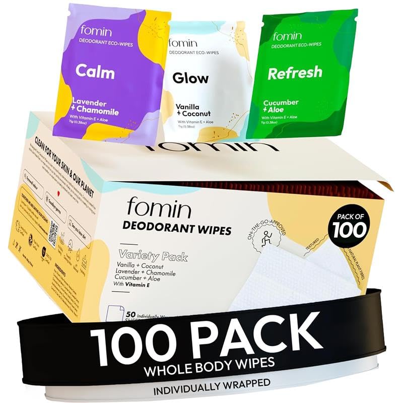 FOMIN Acidified Travel Deodorant Wipes For Women & Men - 100 Count - Variety Pack - pH Balanced, Mini Deodorant Travel Size Wipe - Plastic-Free, Individually Wrapped Underarm Body Wipes