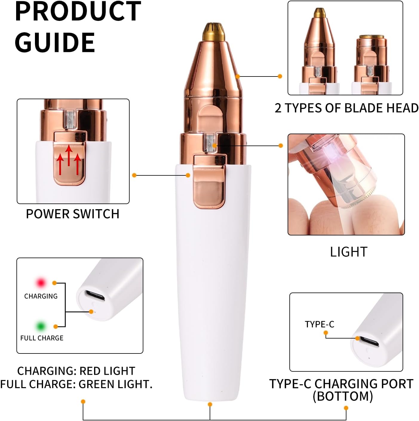 Facial Hair Removal for Women,2 in 1 Electric Hair Removal Device for Chin Upper Lip Peach Fuzz & Rechargeable Eyebrow Trimmer with LED Light for Precise Shaping