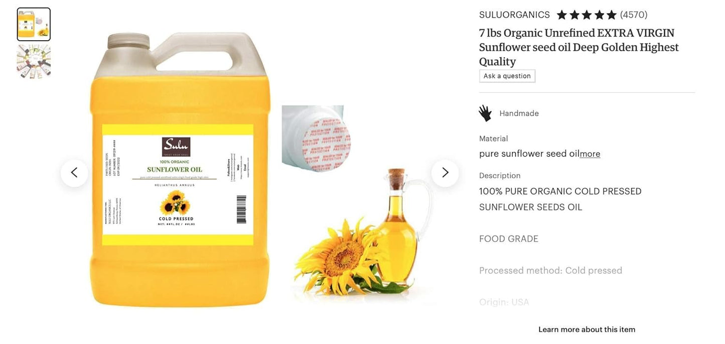 64 fl.oz - 100% Pure Certified Organic Extra Virgin High Oleic Sunflower Oil