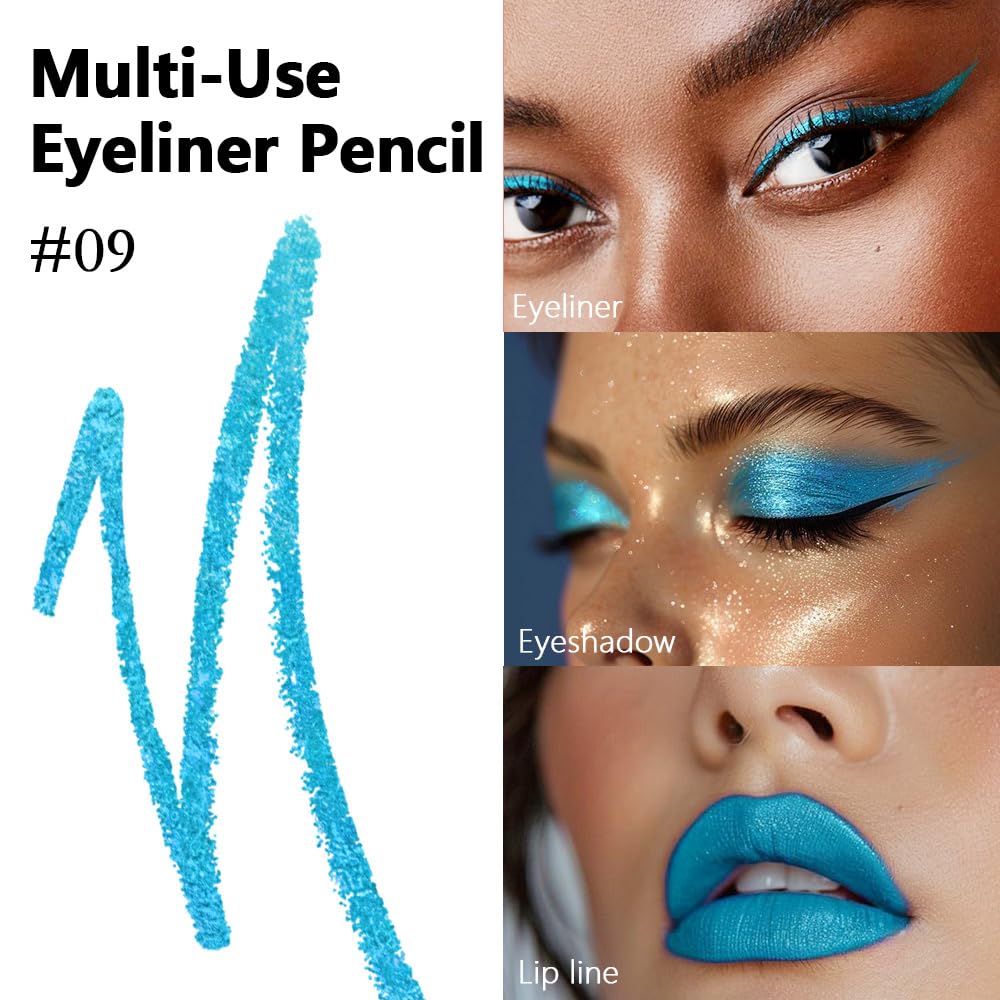 evpct Blue Glitter Eyeliner Pencil for Eyes, Navy Sky Blue Metallic Shimmer Eye Liner Pencil Makeup Waterproof Smudge Proof, Colored Gel Waterline Eyeliner, Face Eye Paint Stick Halloween Makeup 09
