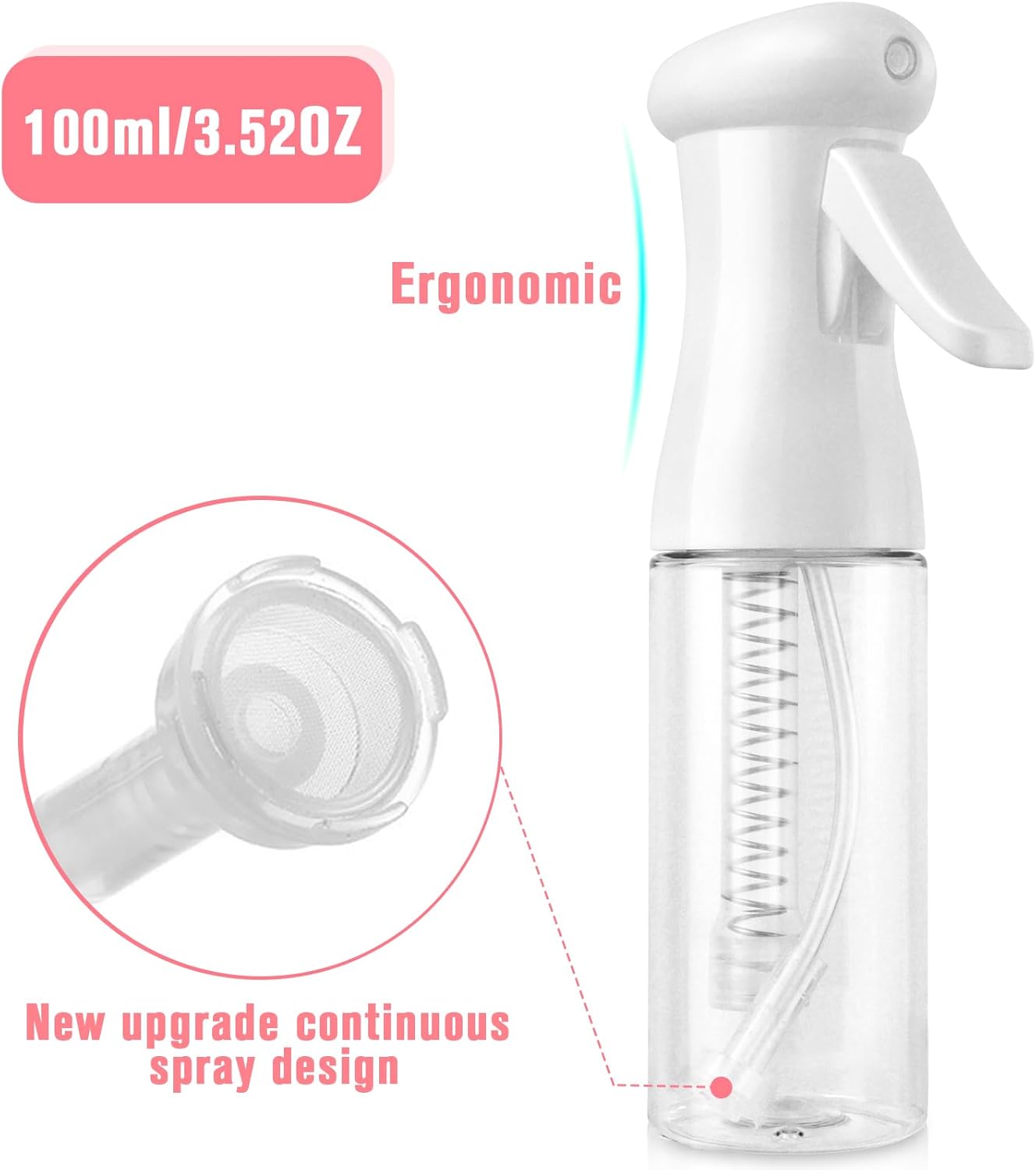 Continuous Travel Spray Bottle,Hair Small Spray Bottl e,Plants Water Spray Mist Bottle,Ultra-Fine Spray Bottle for Hair,Skincare, Plant Care, Pet Grooming, Cleaning 100 ML White（2 Pcs）