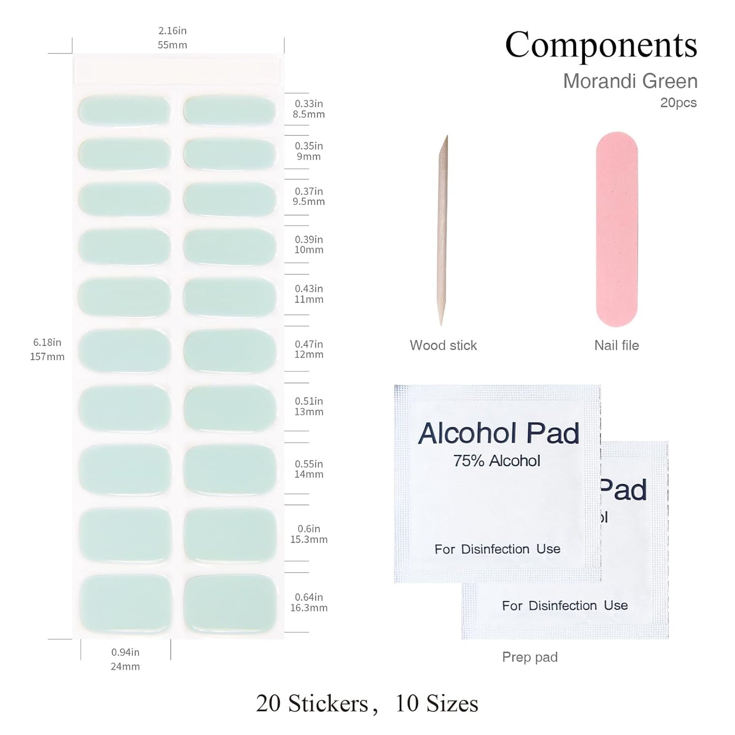 Semi Cured Gel Nail Strips, 20 PCS Gel Nail Stickers Work with UV Light, Gel Nail Wraps, Salon Quality & Easy to Use - Morandi Green