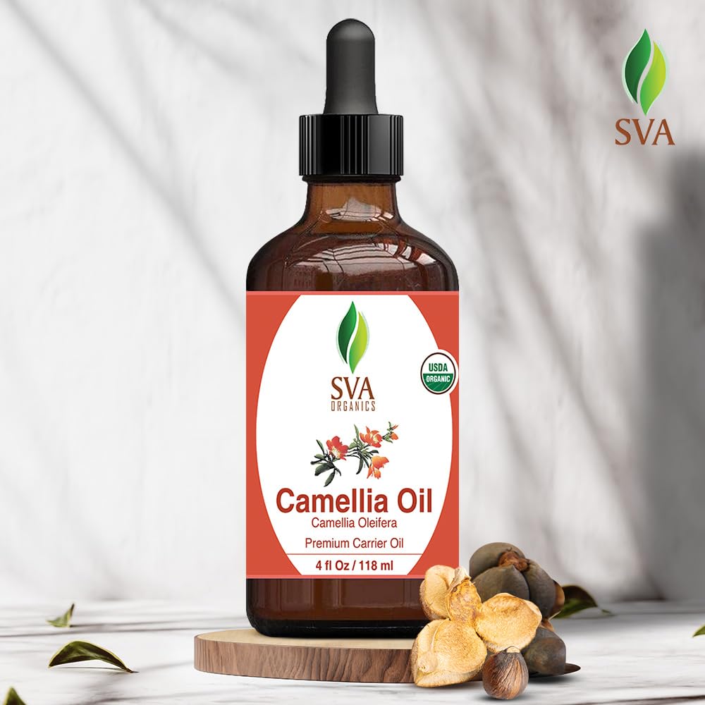 SVA Camellia Seed Oil Organic - 4 Fl Oz – 100% Natural Cold Pressed Organic Camellia Oil - for Face, Skin Care, Hair Care, Scalp Massage & Body Massage – Carrier Oil with Dropper