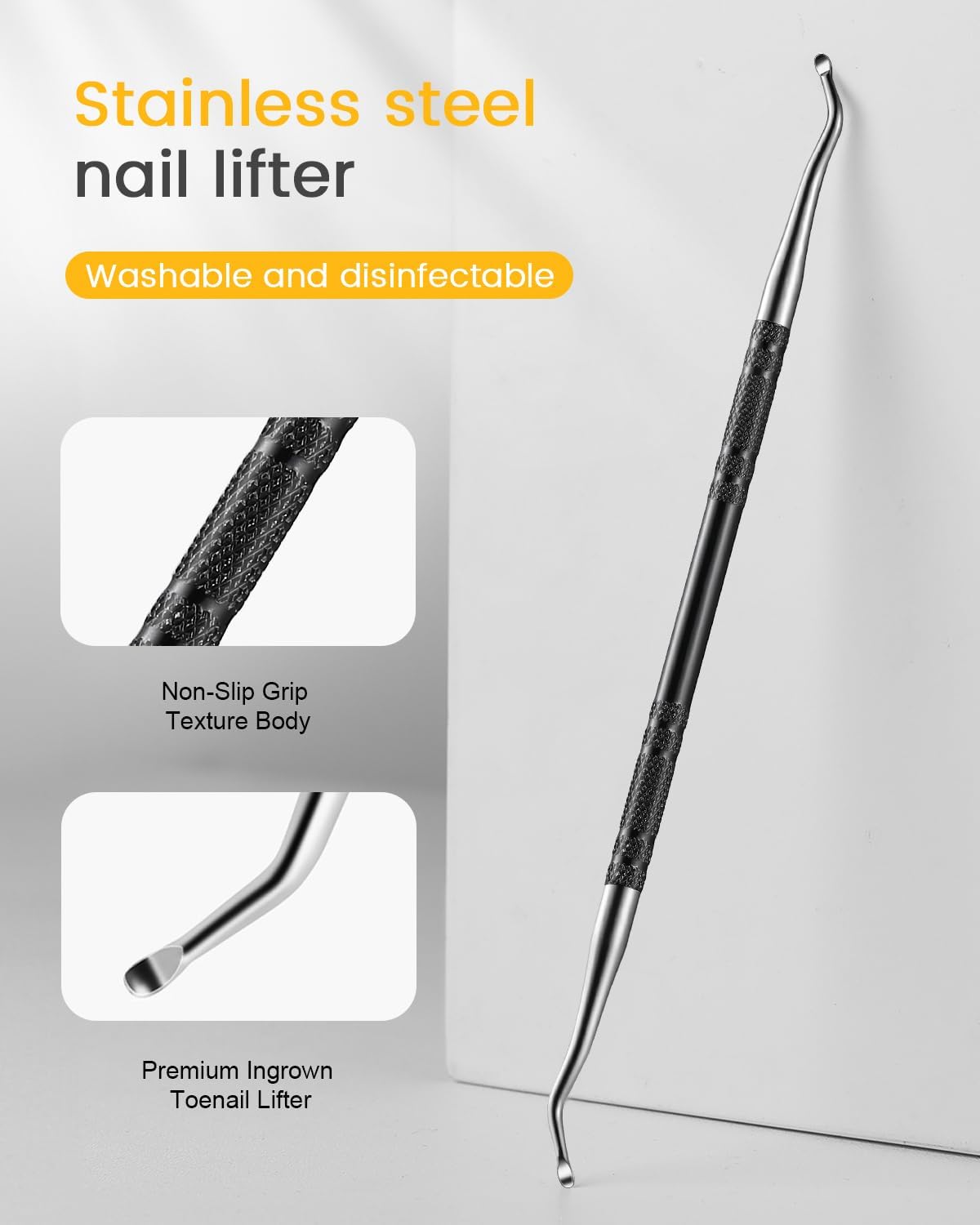 BEZOX Long Metal Nail File, Stainless Steel Fingernail File for Thick and Fungal Nails with Dual-Ended Toenail Lifter – The Ultimate Manicure & Pedicure Tool for Men and Women’s Nail Care - Black