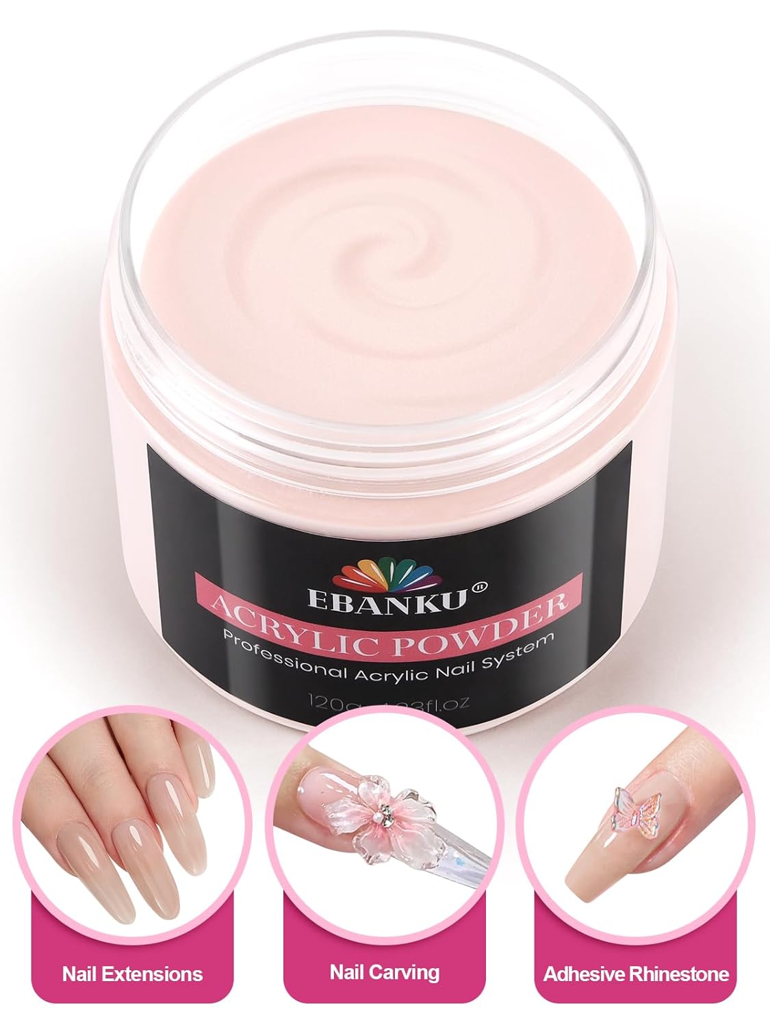 EBANKU Acrylic Powder, Cover Pink Acrylic Nail Powder 120g/4.23oz Large Capacity Professional Nail Powder for Nail Acrylic Extension, Nail Carving, Long-Lasting, No Nail Lamp Needed