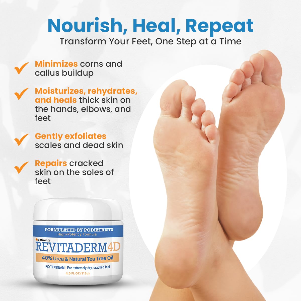 Revitaderm 4D Urea Cream 40% for Feet, Intensive Moisturizing Foot Cream for Dry, Rough, Callused Skin, Includes Free Pumice Stone and Exfoliating Brush, Fast-Absorbing, Fragrance-Free, 4oz, 2 Pack
