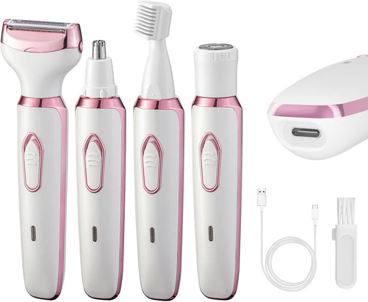 4-in-1 Electric Razor for Women - Rechargeable Painless Body & Facial Hair Remover, Bikini Trimmer for Legs, Underarm & Face, Portable Women's Shaver Set with Smooth Glide Technology