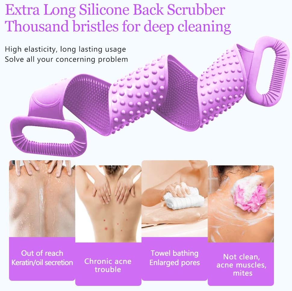 Inmorven Exfoliating Back Scrubber for Shower with Handles, 30 Inch Double-Sided Back Exfoliator Body Scrub Towel, Exfoliating Washcloth Bath Tool for use in Shower, Clean Skin for Men & Women(Purple)