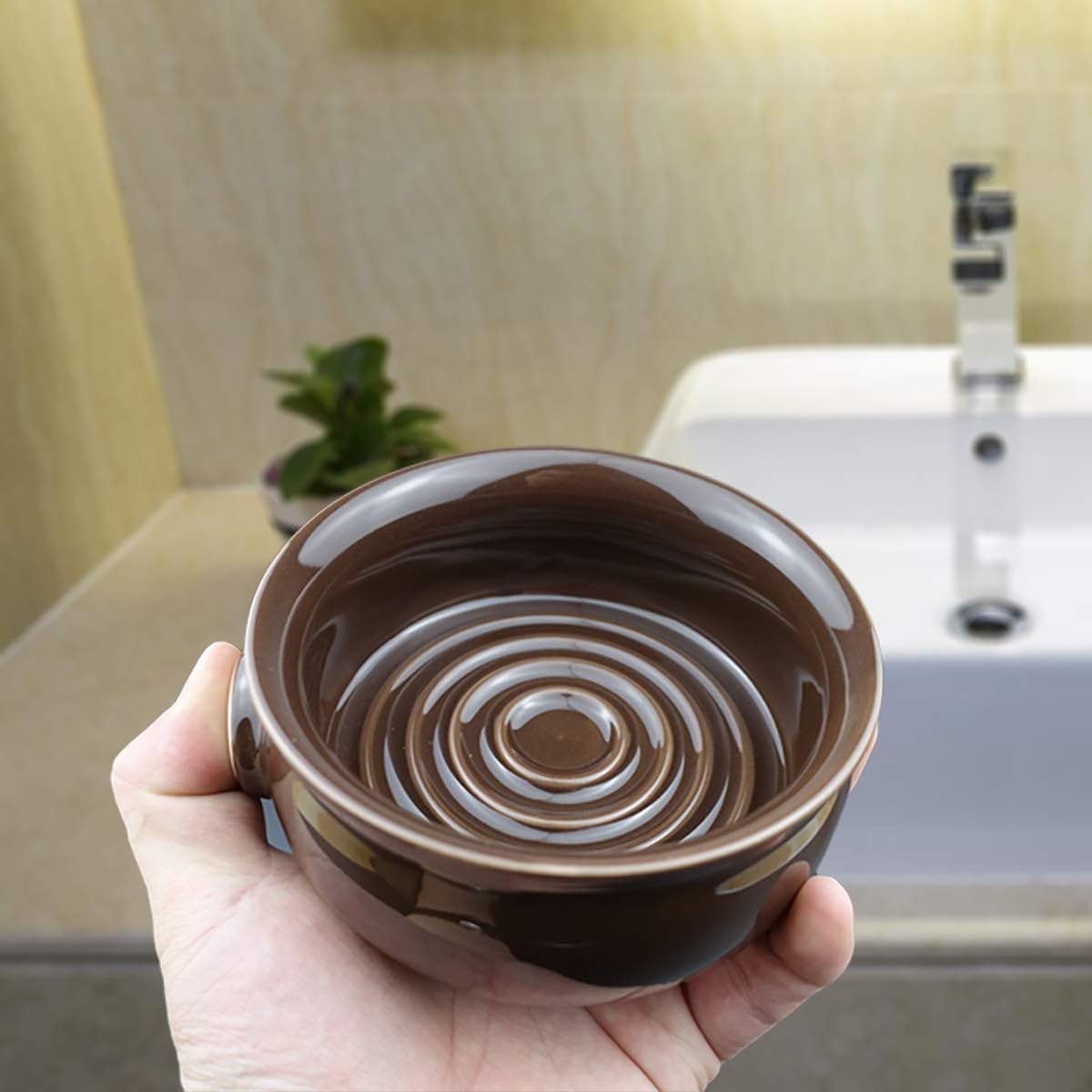 Ceramic Shaving Soap Bowl For Men, Non-slip Handle, Wide Mouth, Large Capacity, Easier to Lather-Brown