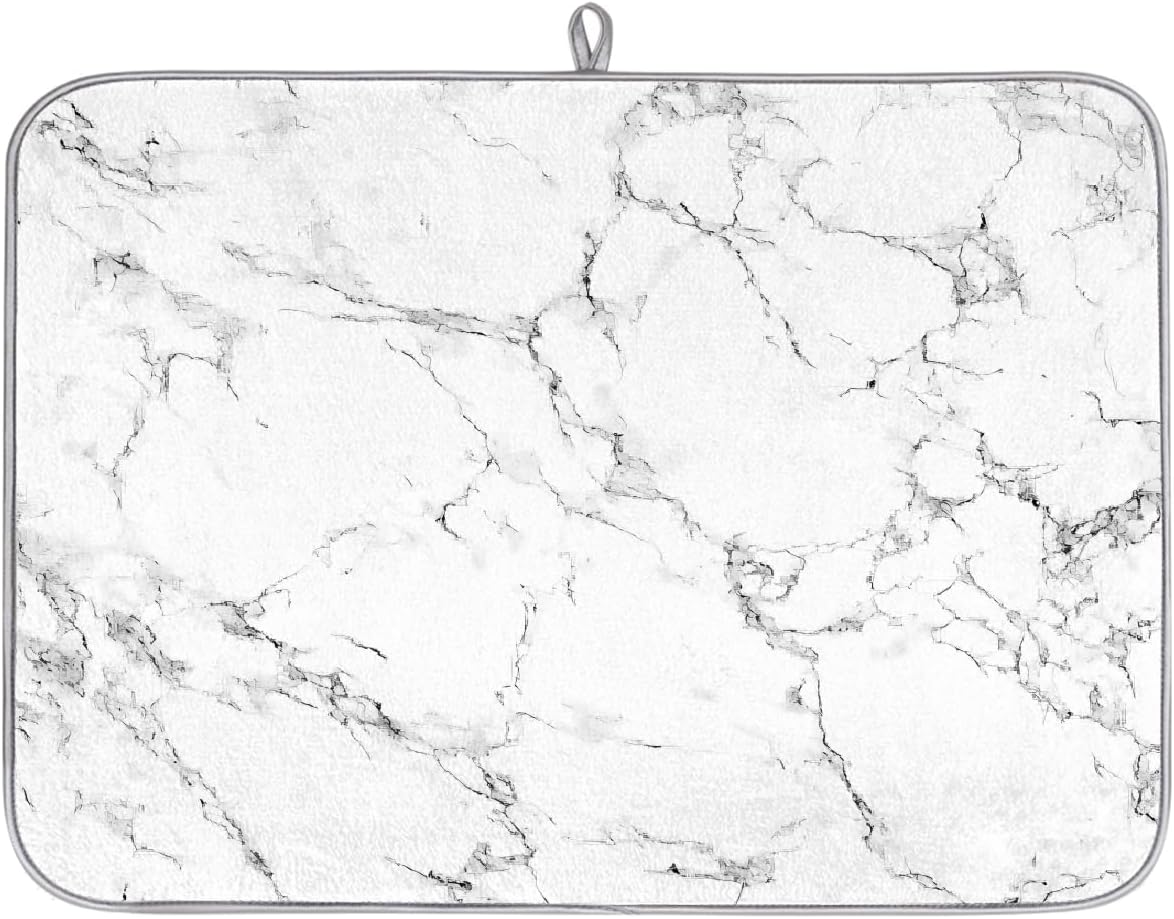Dish Drying Mat White Gray Marble Texture Large Drying Mat for Kitchen Counter 18x24in Absorbent Dish Drainer Rack Pad, Heat Resistant Coffee Bar Mats Countertop Protector