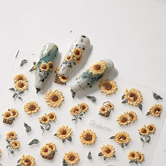 Flower Nail Art Stickers 5D Embossed Sunflower Nail Stickers for Nail Art Self-Adhesive Summer Nail Design Stickers Nail Supplies DIY Nail Decals 1 Sheet (1, Sunflower)