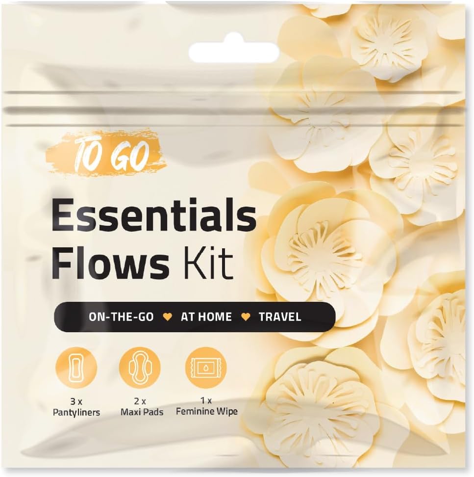 Essential Flows Kit – 3 Pantiliners, 2 Maxi Pads & 1 Feminine Wipe in Compact Zip Bag – Thin, Light, and Travel-Ready for Women & Girls – Single Pack (Orange)