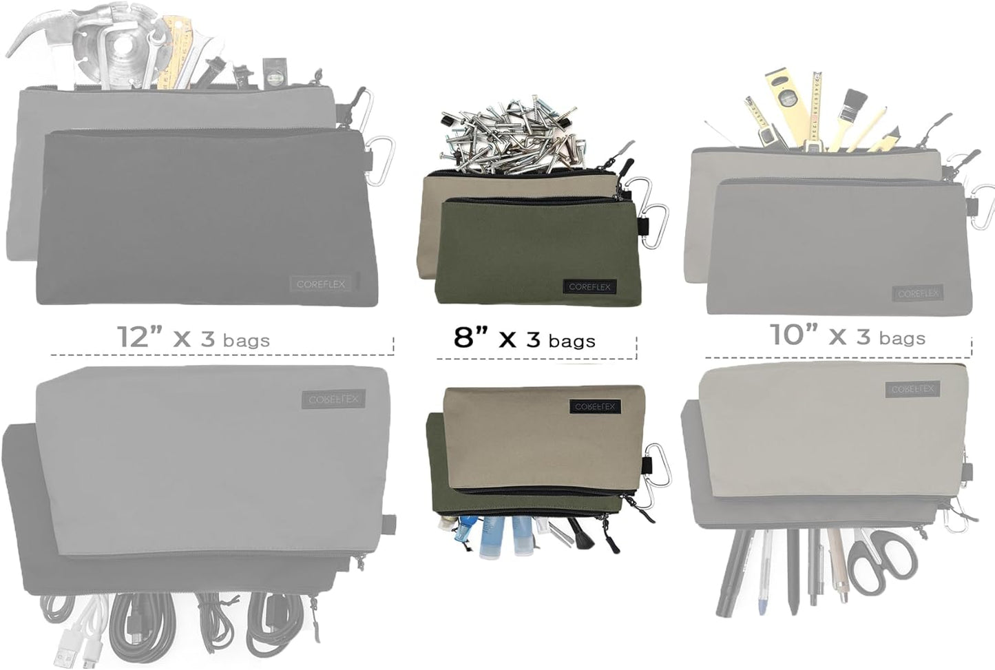 COREFLEX Premium Tool Pouch Zipper Bag, Small Tool Bag, Multipurpose Storage pouch, Heavy duty Flat Bottom Tool bag with YKK Zipper (3 pack Small 8inch)