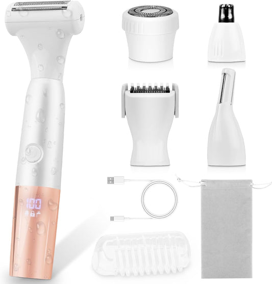 5-in-1 Bikini Trimmer for Women, IPX7 Waterproof Rechargeable Electric Razors Shaver, Cordless Body Hair Trimmer with LED Display for Nose Eyebrows Beard Underarm Leg Arm, Easy Cleaning Grooming Kit
