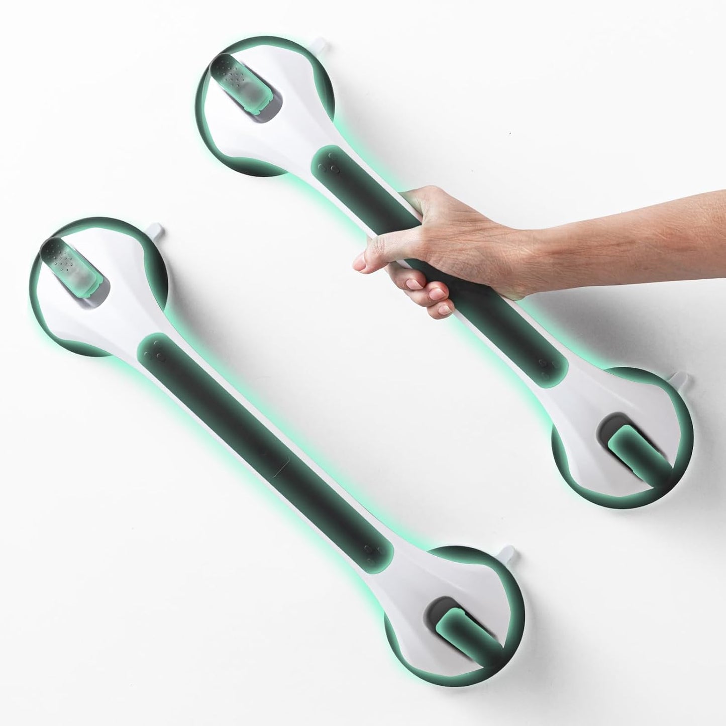 Grab Bars for Bathtubs and Showers 2 Pack Glow in The Dark, 17 inch Suction Grab Bar, Shower Handle Safety Grip Handrail for Seniors and Elderly, Removable Waterproof No Drilling, Black