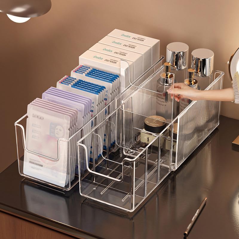 Extendable Acrylic Makeup Organizer with Removable Dividers - Waterproof Bathroom Storage for Sheet Masks/Essences/Cosmetics, Clear Visible Design, Space-Saving Vanity Organizer