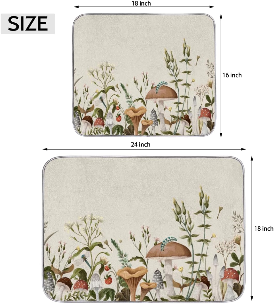Hexteria Dish Drying Mat for Kitchen Counter Kitchen Drying Mat Dish Rack Mat Dish Drainer Pad Microfiber Absorbent Washable Drying Pad for Countertop, Mushroom