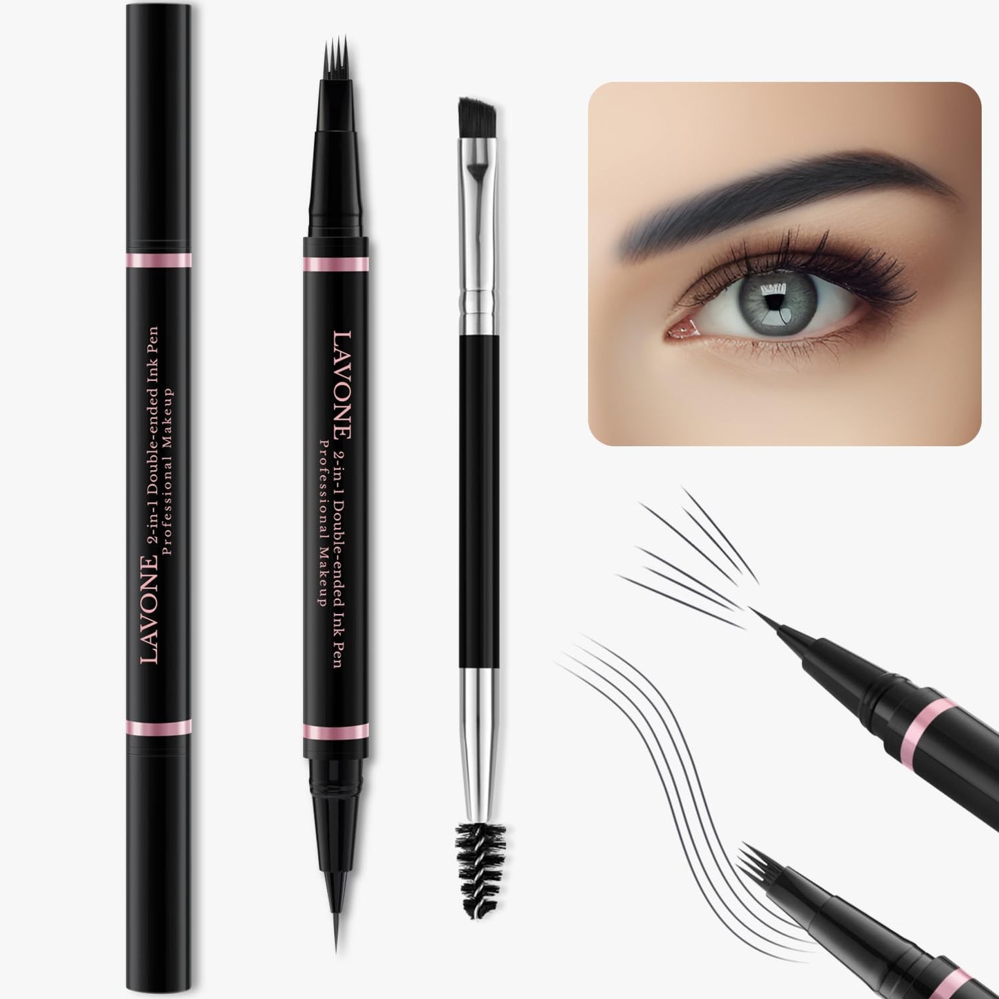 Eyebrow Pencil,2-in-1 Waterproof Eyebrow Pen with 4 Tip Brow Pen and Ultra-Precise Brow Pencil,with Dual-ended Eyebrow Brush,Eyebrow Makeup for Natural Looking Eyebrows-Black